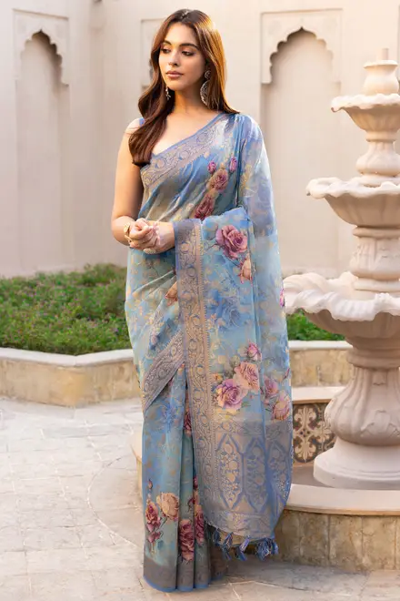 Powder Blue Chanderi Floral Print Saree With Zari Woven